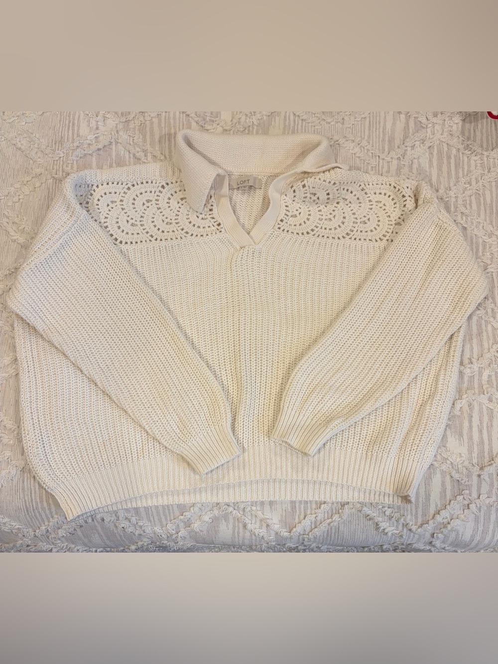 LOFT Cream Crochet-Yoke Collared Sweater